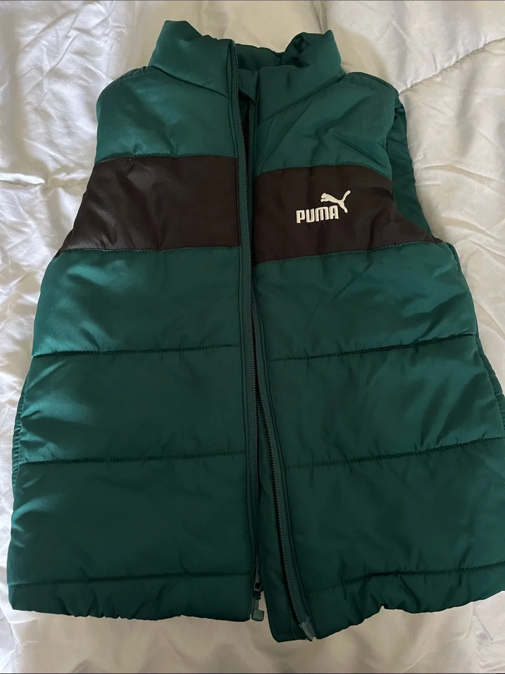 Puma Green Puffer Vest with Black Chest Stripe